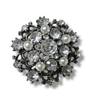 Rhinestone Brooch Vintage 1950s Silver Pearl Accent Pin Scarf Jewelry 1.5" Retro